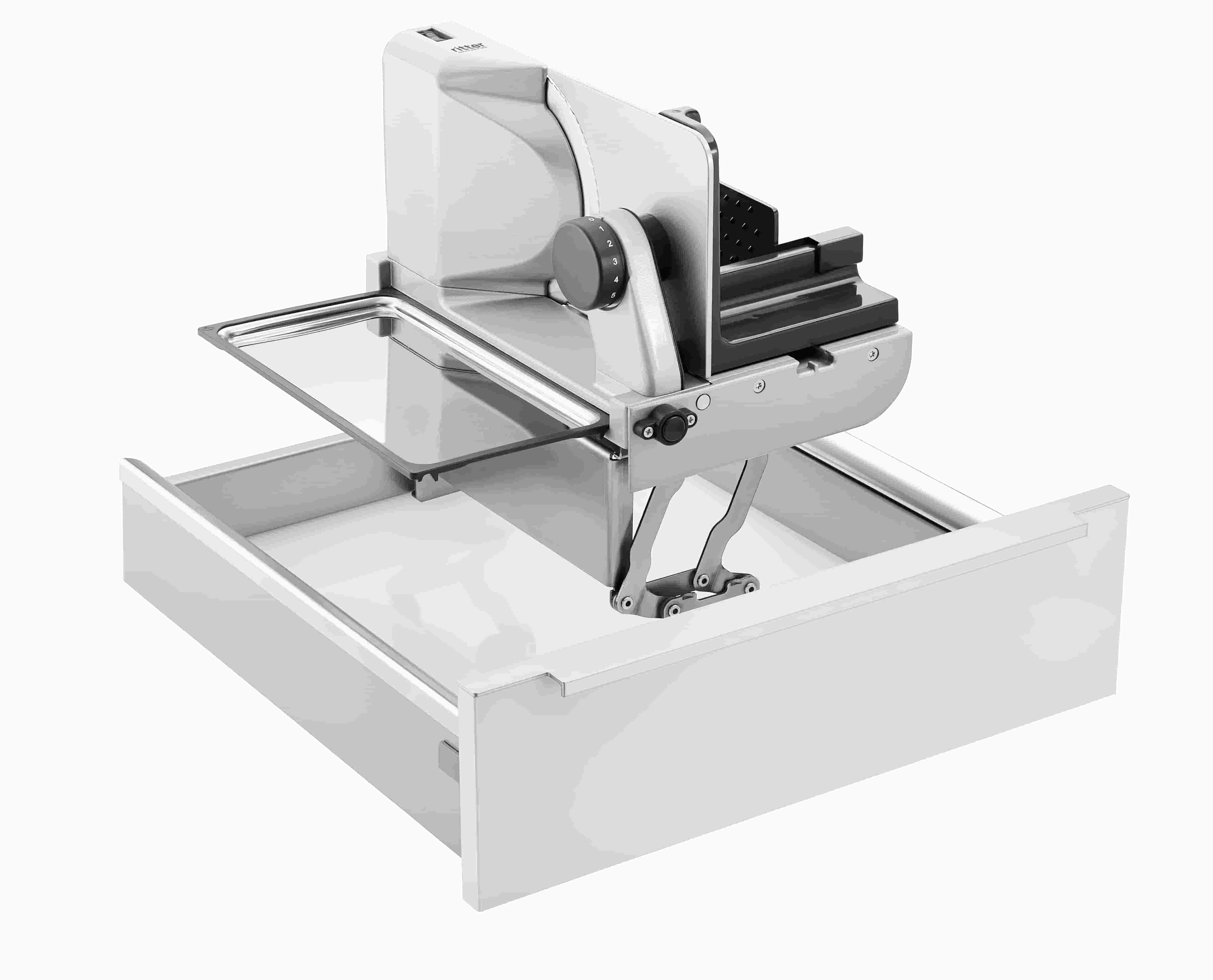 Electric built-in all food slicer in silver, angled view
