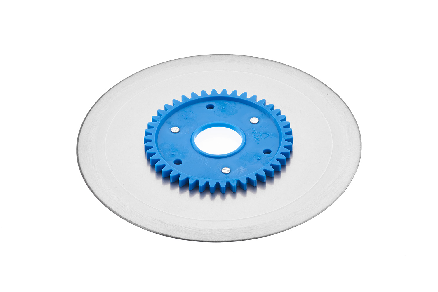 Glattes Schinken-/Aufschnittmesser aus rostfreiem Edelstahl mit blauem Zahnrad, für Allesschneider mit einem Durchmesser von 17 cm Glattes Schinken-/Aufschnittmesser aus rostfreiem Edelstahl mit blauem Zahnrad, für Allesschneider mit einem Durchmesser von 17 cm