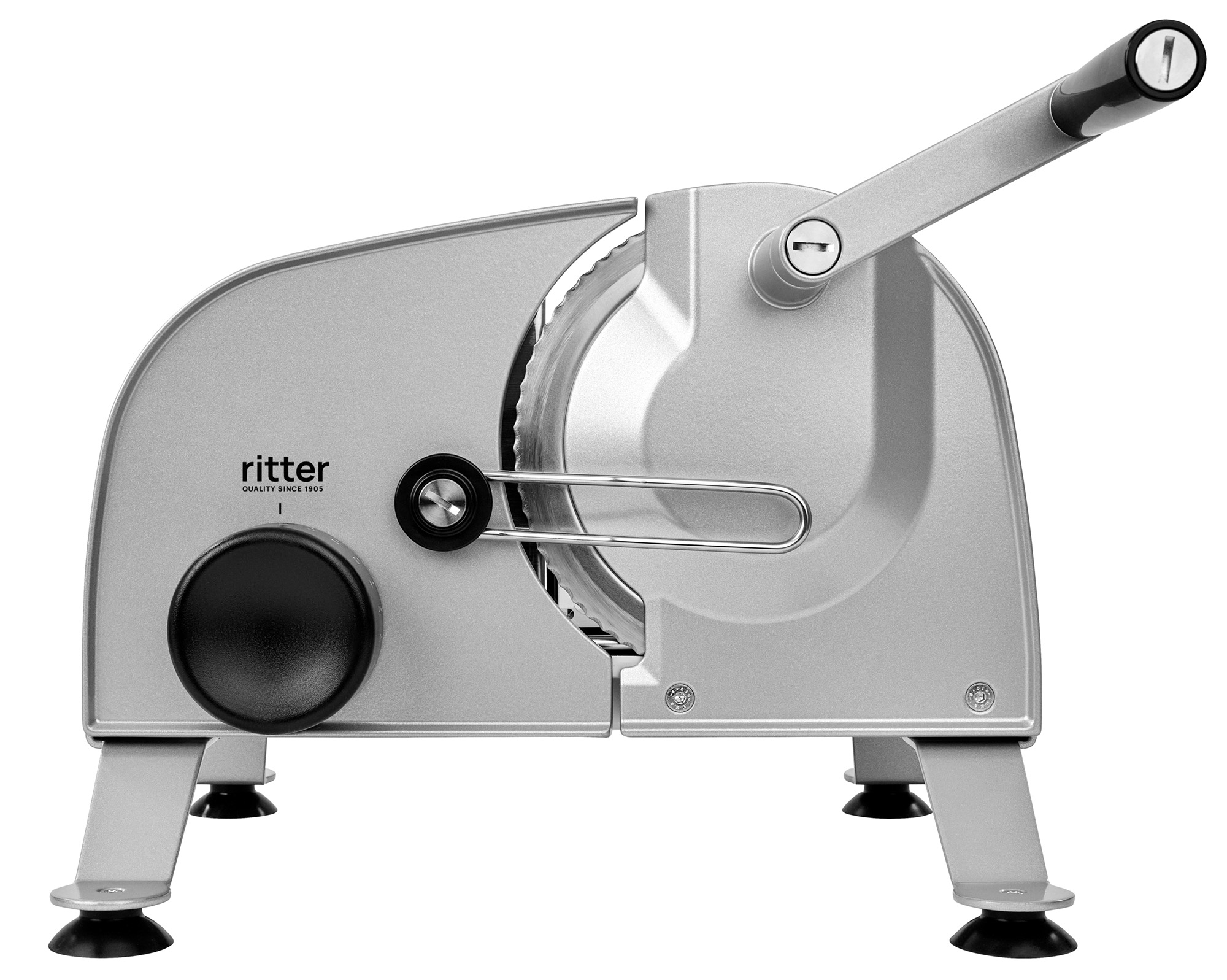 Silberner manueller Allesschneider der Marke ritter mit schwarzem Drehknopf und Griff