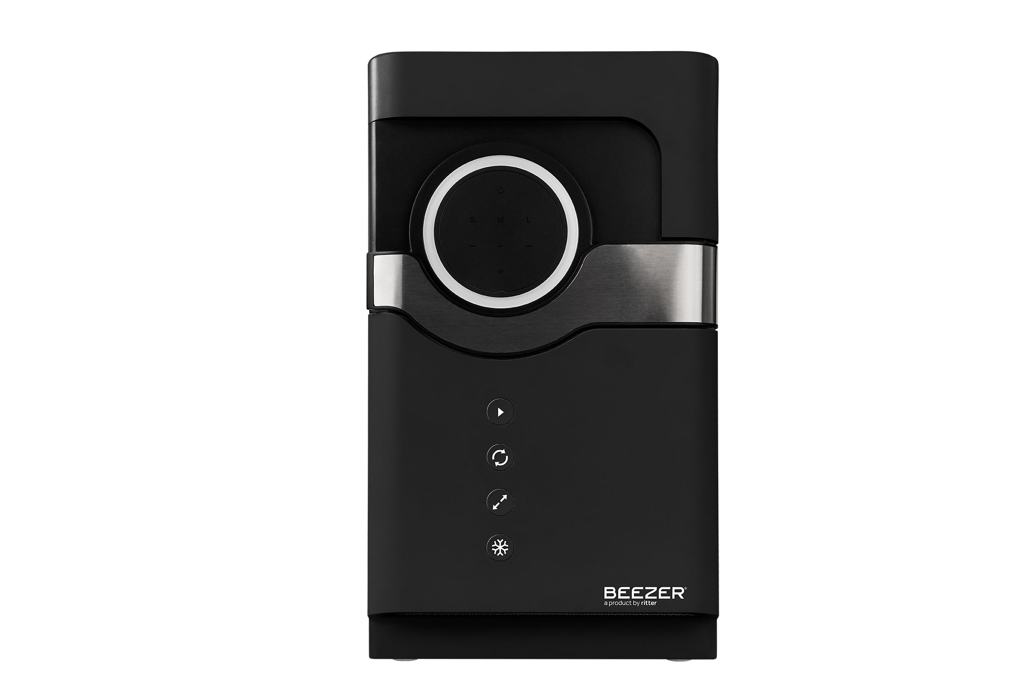 Front of the switched-off BEEZER beverage cooler in the color black Front of the switched-off BEEZER beverage cooler in the color black