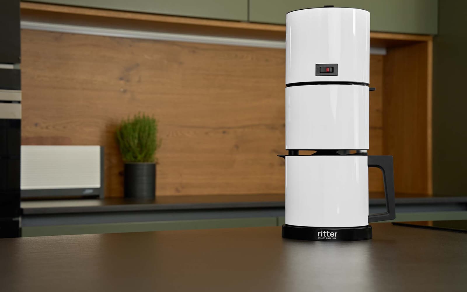 White coffee machine in a modern kitchen