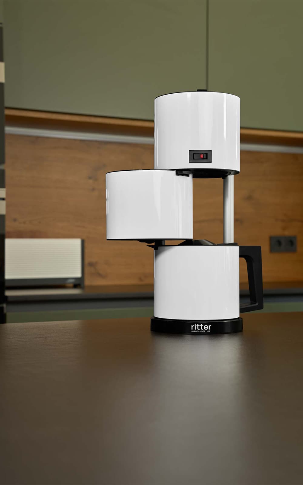 A picture of a white coffee machine and a white toaster in the background, standing in a kitchen. A picture of a white coffee machine and a white toaster in the background, standing in a kitchen.