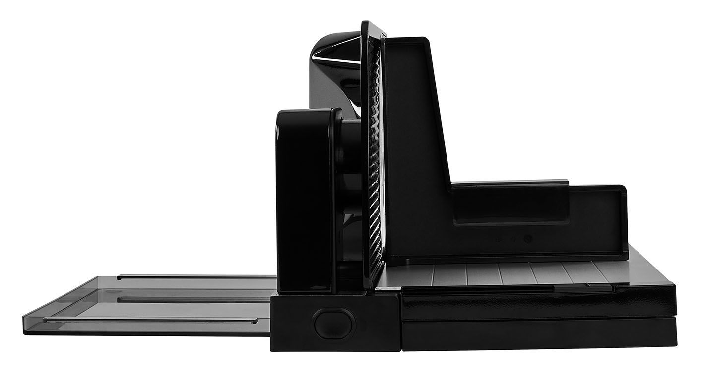 Electric food slicer in black, side view